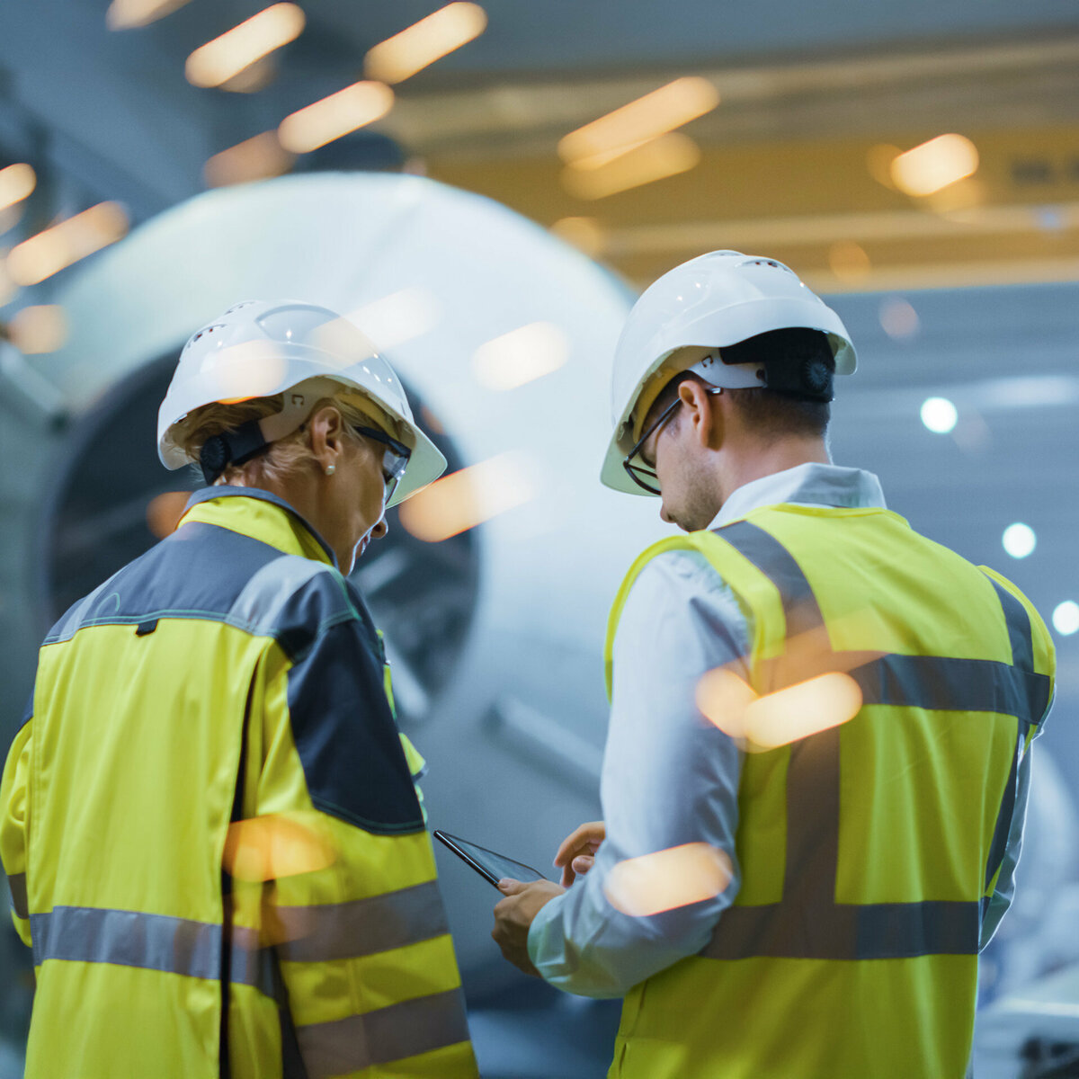 Two factory workers in protective gear are looking at data on a tablet